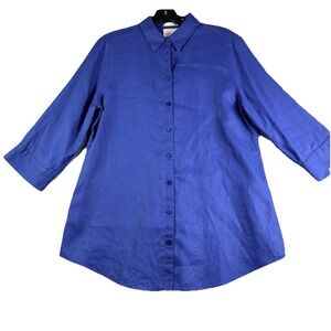 Chicos 0 Linen Tunic Top Women's Small No Iron Long Sleeve Button Up Blue